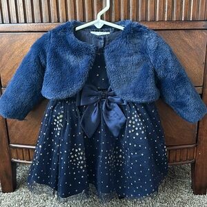 2piece navy and gold rare editions infant dress with fur jacket. 6-9M
